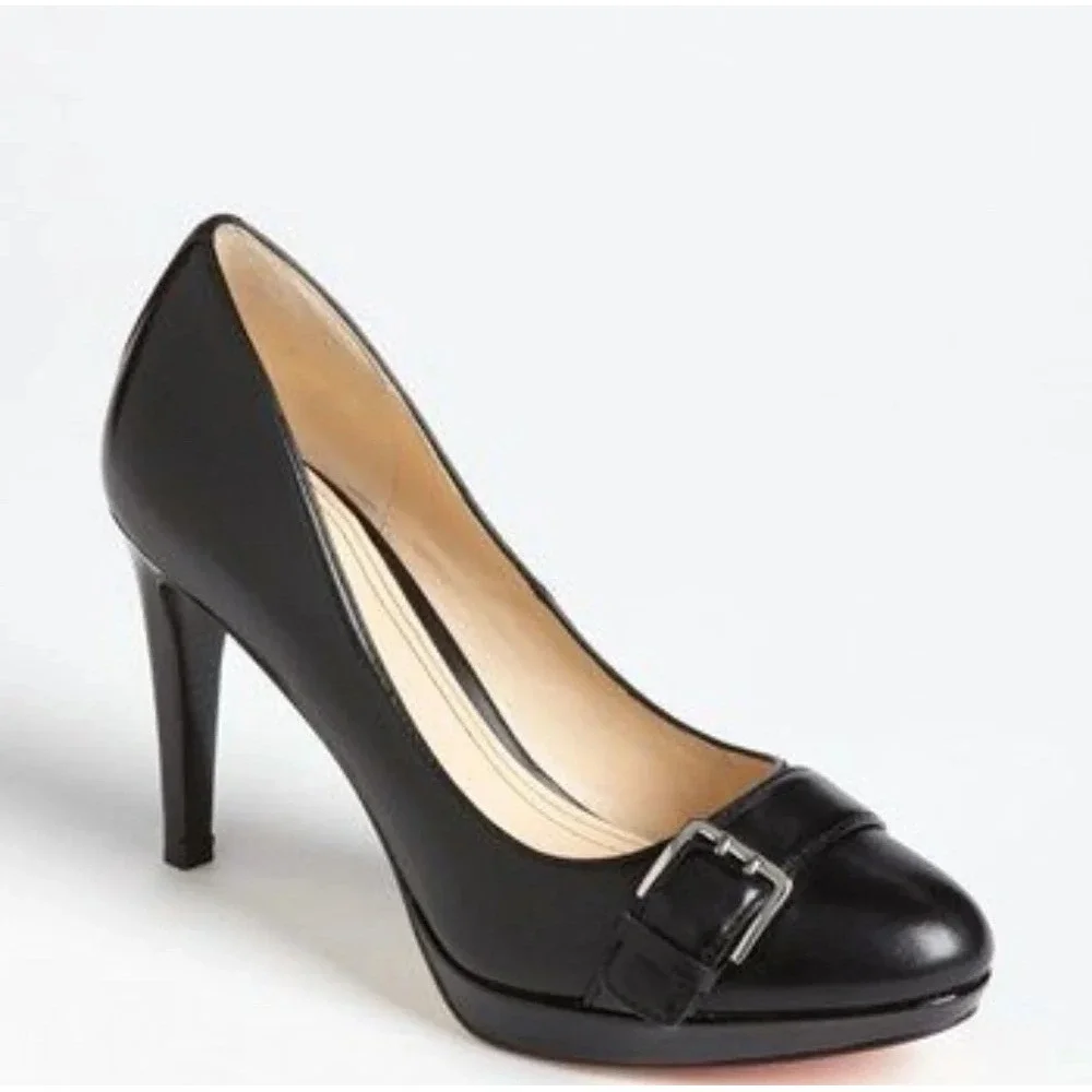 Cole Haan women 9.5B black Chelsea buckle pump Almond toe stiletto platform chic
